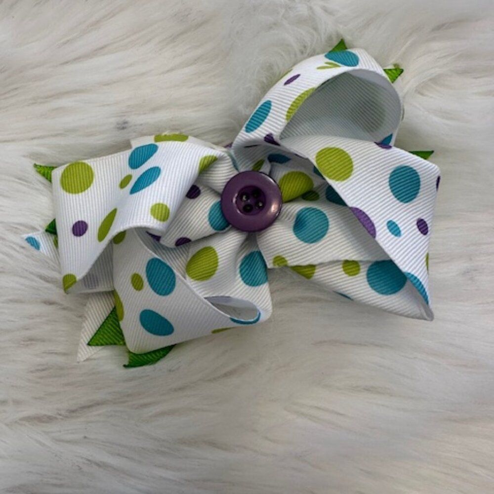 Colorful Polka Dot Deluxe Bow with Button Center  7843  Handmade NWT Boutique